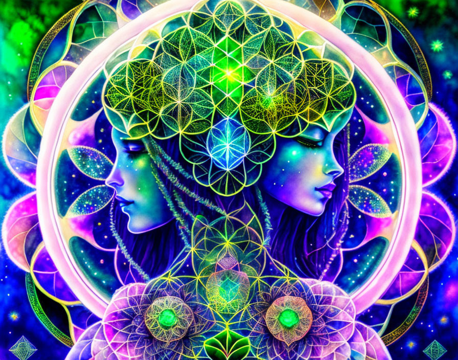Colorful digital artwork: Woman's mirrored profiles in psychedelic patterns & neon colors, conveying spiritual themes.