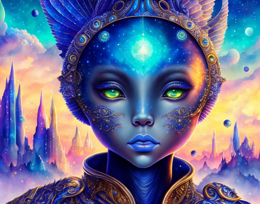 Digital Art: Otherworldly Female Figure with Green Eyes and Cosmic Background