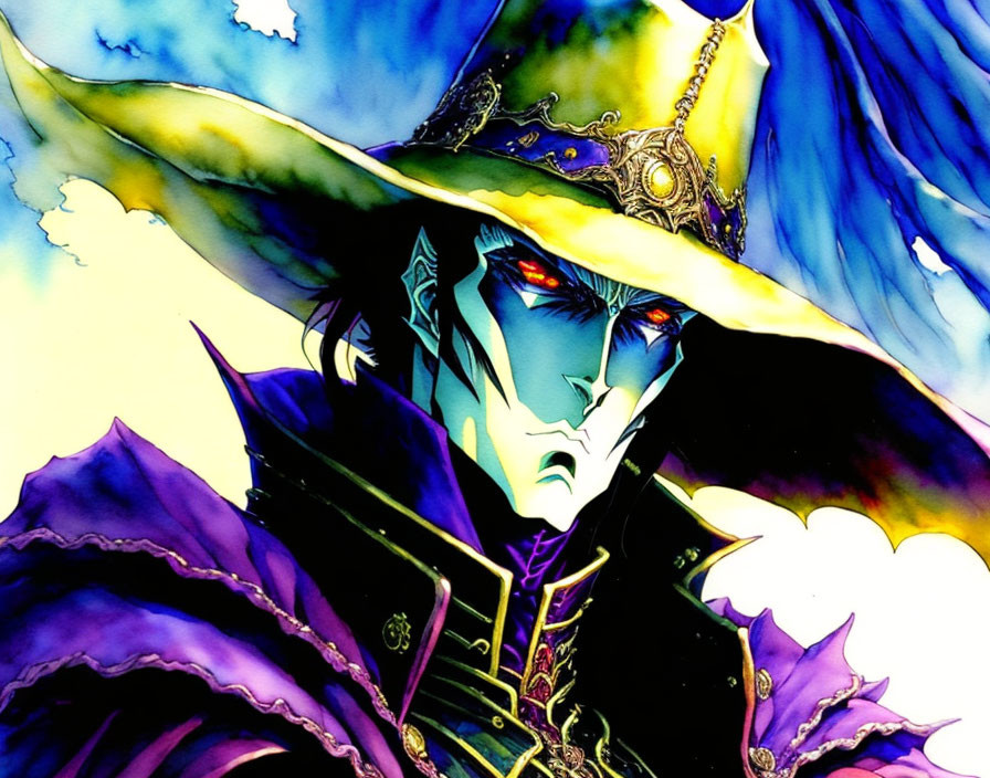 Character with large ornate hat and purple cloak illustration.