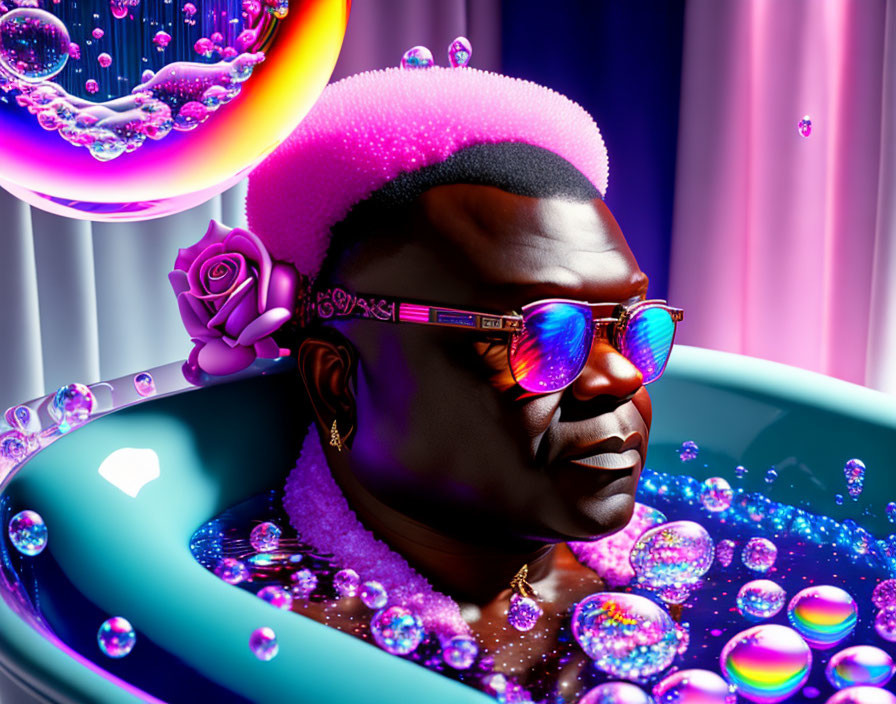 Colorful 3D illustration of person in bathtub with bubbles, sunglasses, and pink hairpiece