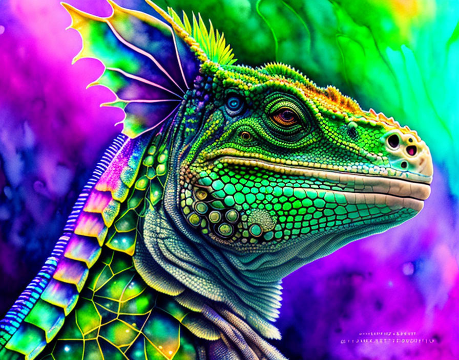 Colorful digitally enhanced iguana showcasing rainbow hues and textured scales.