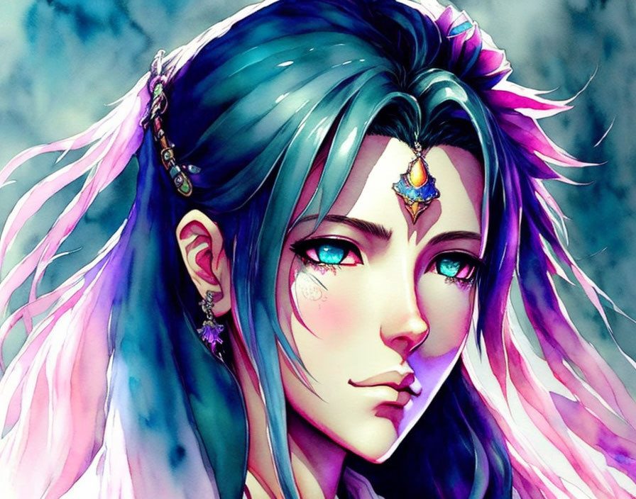 Anime-style illustration of person with blue and pink hair, jewels, and captivating blue eyes.