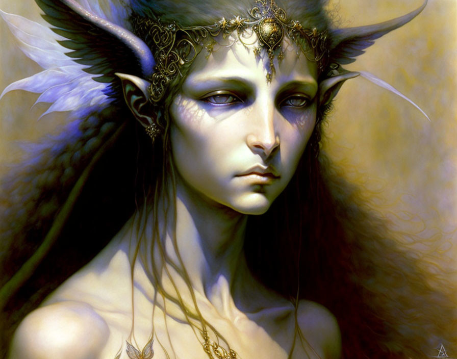 Fantasy-themed portrait of character with black feathered wings and elven ears