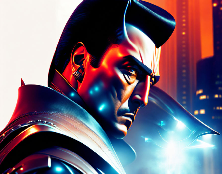 Stylized male character in futuristic armor against neon cityscape