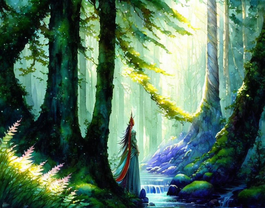 Tranquil forest scene with sunbeams, waterfall, mossy stones, and cloaked figure