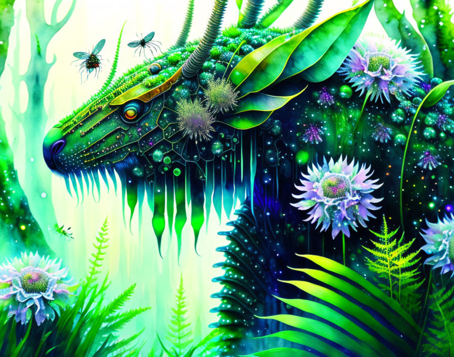 Fantastical dragon-like creature surrounded by exotic plants in colorful setting