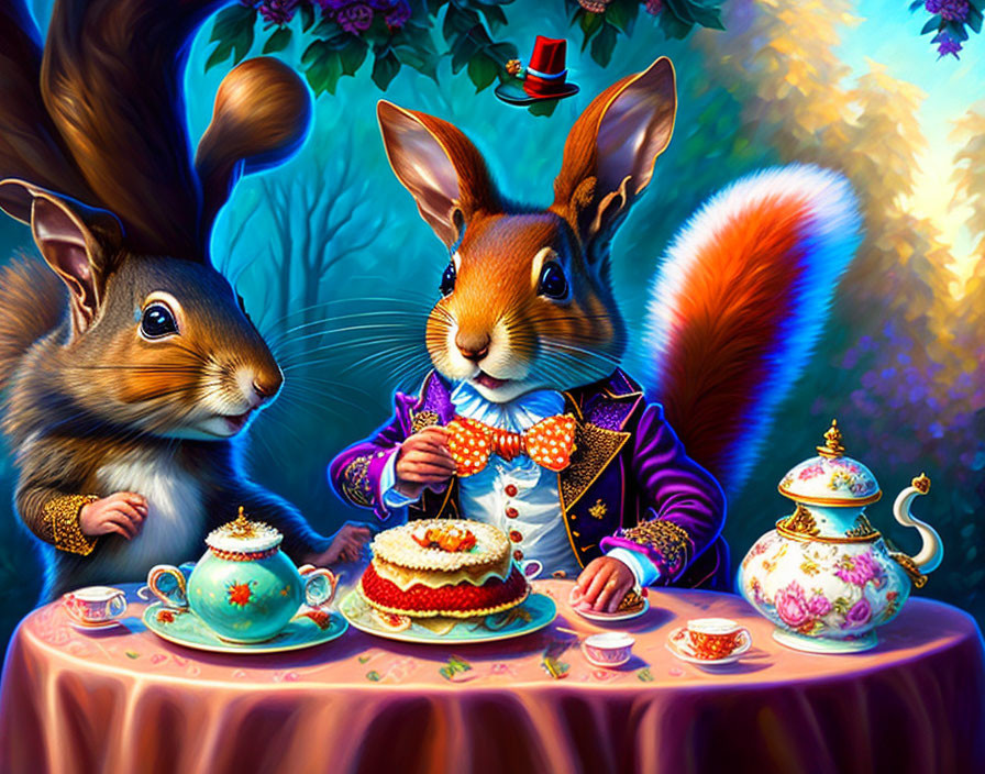 Anthropomorphic squirrel in purple jacket offers cake in vibrant forest