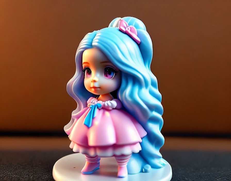 Girl Figurine with Large Eyes, Long Blue Hair, Pink Dress, and Bow