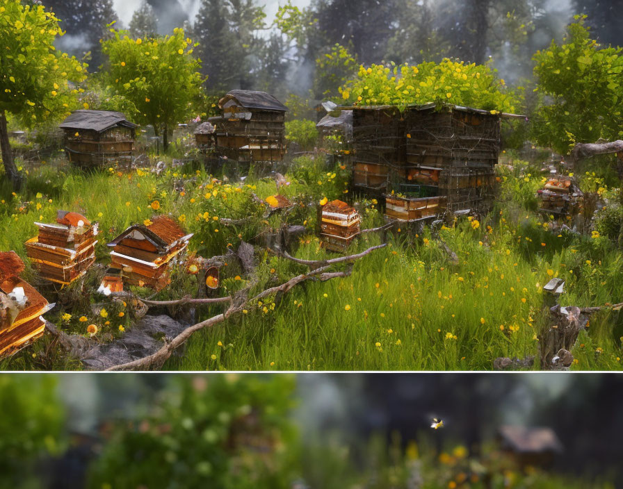 Wildflowers and Beehives in Misty Woods with Active Bees
