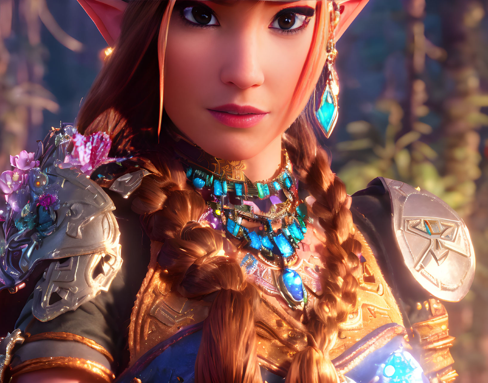 Detailed Close-Up of Female Elf in Ornate Armor Surrounded by Mystical Forest