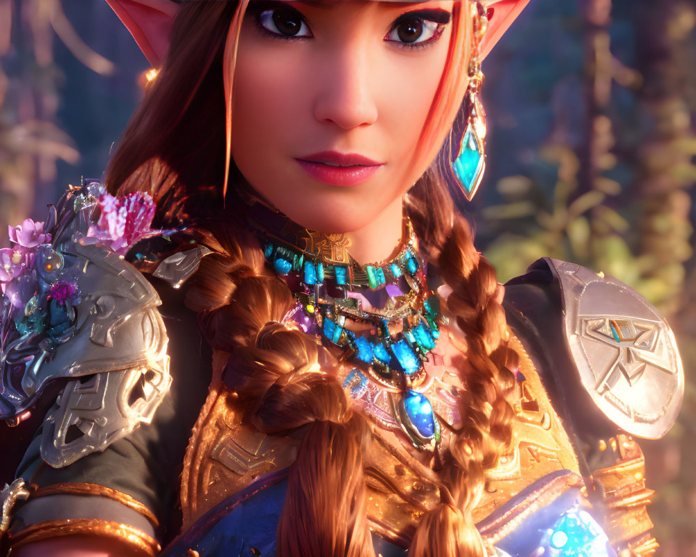 Detailed Close-Up of Female Elf in Ornate Armor Surrounded by Mystical Forest