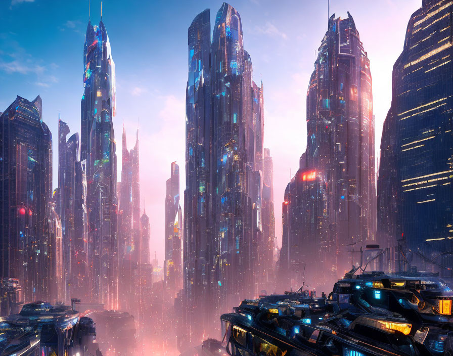Futuristic cityscape with glowing skyscrapers and flying vehicles