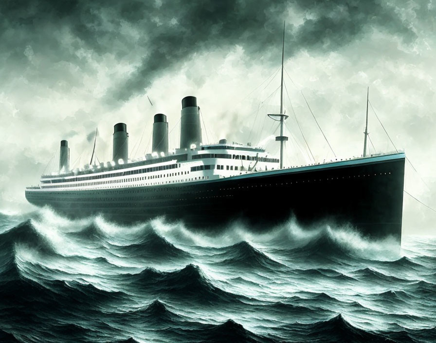 Ocean liner with four funnels in stormy seas under cloudy sky