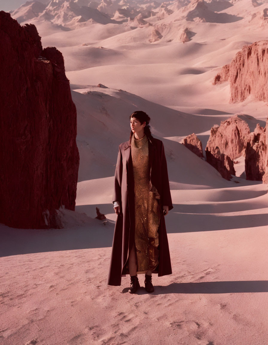 Person in Elegant Attire on Snowy Landscape with Pink-Tinted Rock Formations