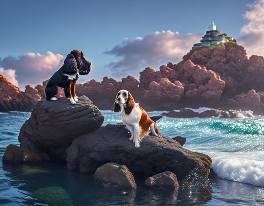 Two animated dogs on rocks in the ocean with a distant pagoda on a hill under a clear sky