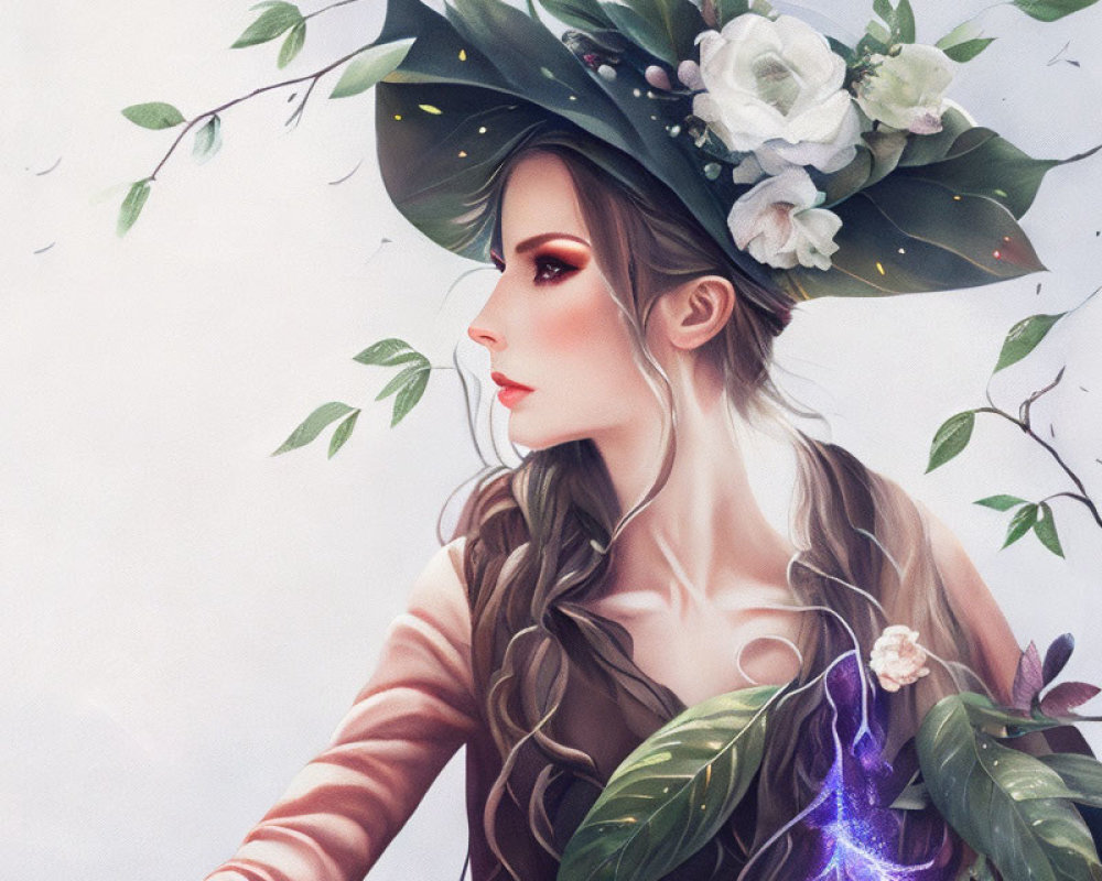 Illustration of woman with floral hat, braided hair, and magical pendant