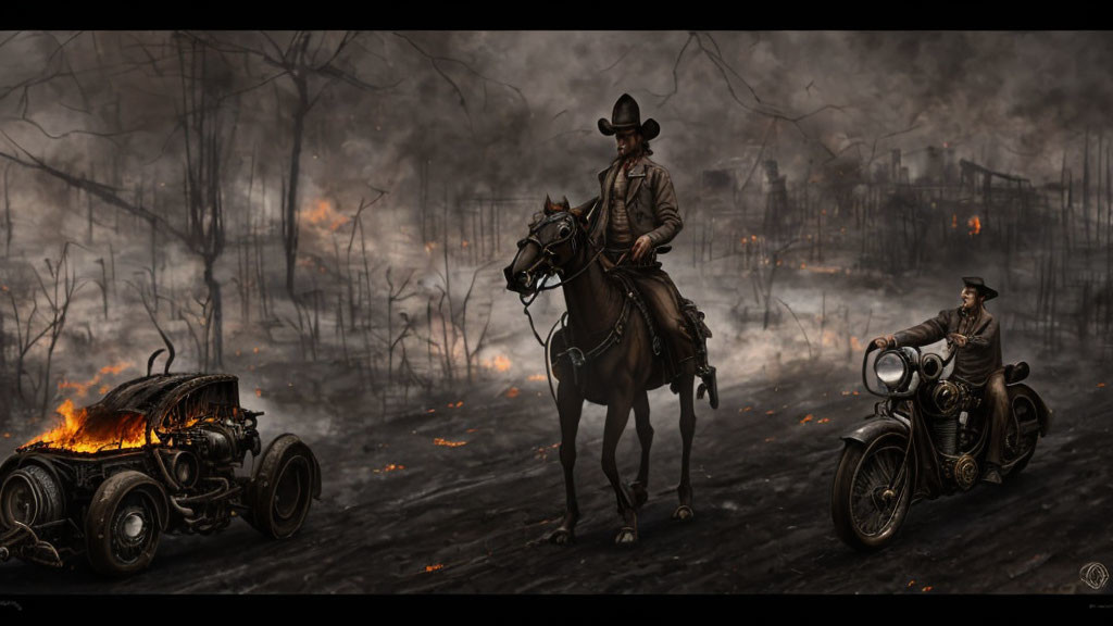 Cowboy on horseback and person on vintage motorcycle in dystopian landscape with fire and ruins.