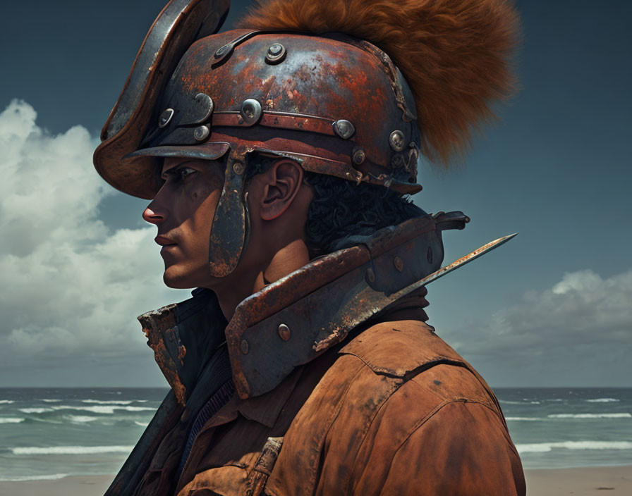 Profile View of Person in Rusted Metal Helmet with Orange Plumage on Cloudy Beachscape