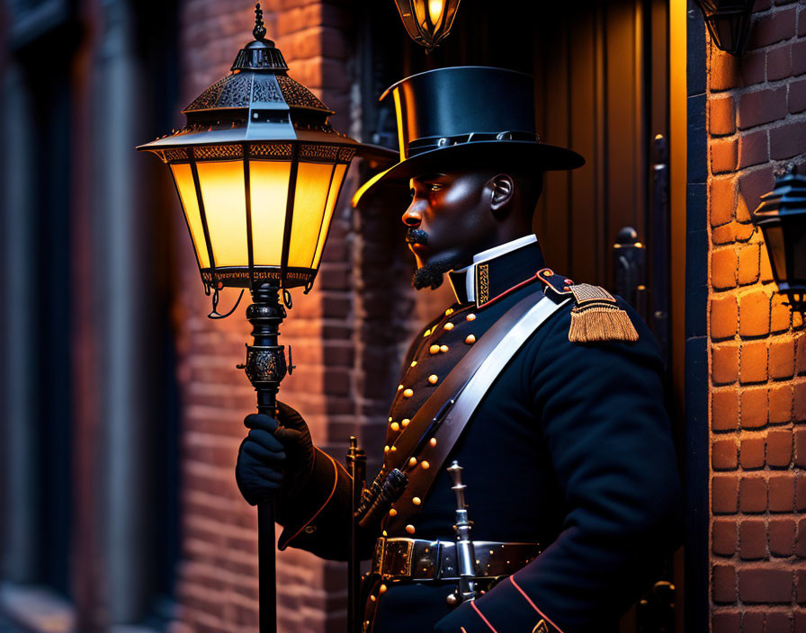 Man in ornate uniform with top hat by illuminated street lamp against brick wall exudes vintage atmosphere
