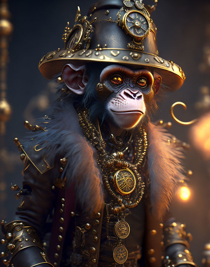 Steampunk-inspired digital artwork of a monkey in ornate admiral outfit