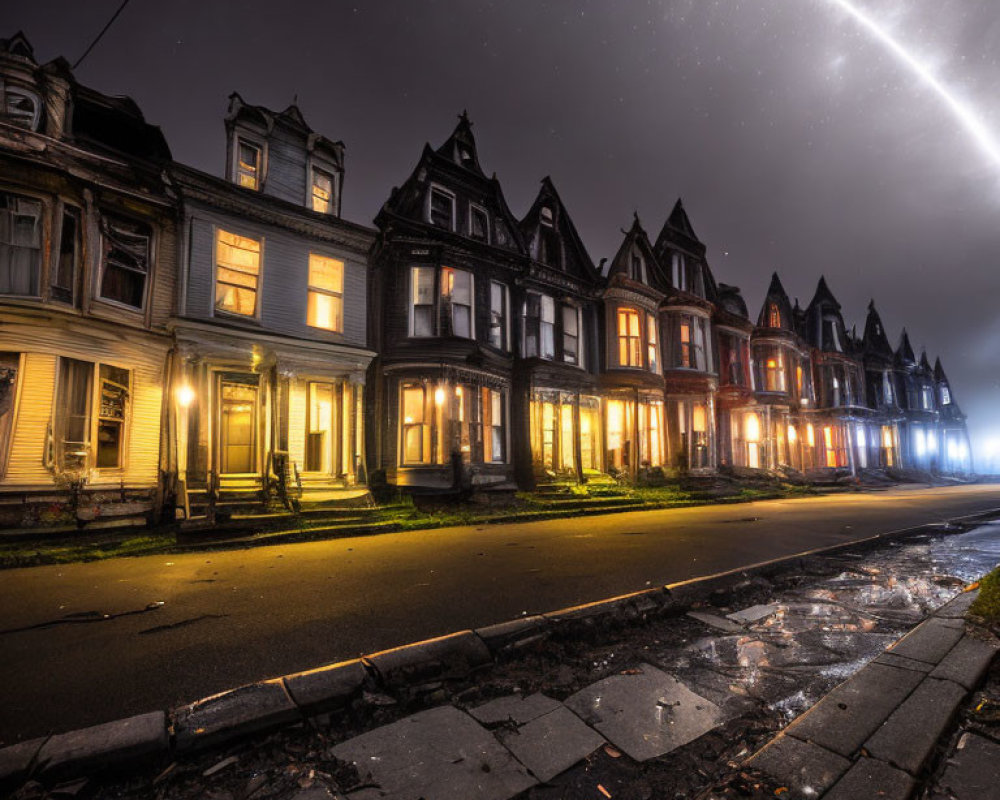 Victorian houses at night under starry sky with meteor streak