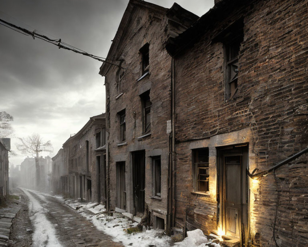 Deserted Street with Dilapidated Buildings and Glowing Doorway
