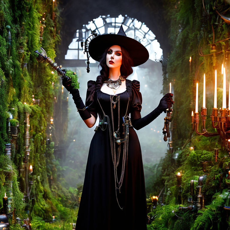 Woman in gothic attire with candelabras in candle-lit forest.