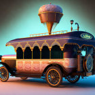 Steampunk-style ice cream truck with intricate designs and large ice cream cone on top