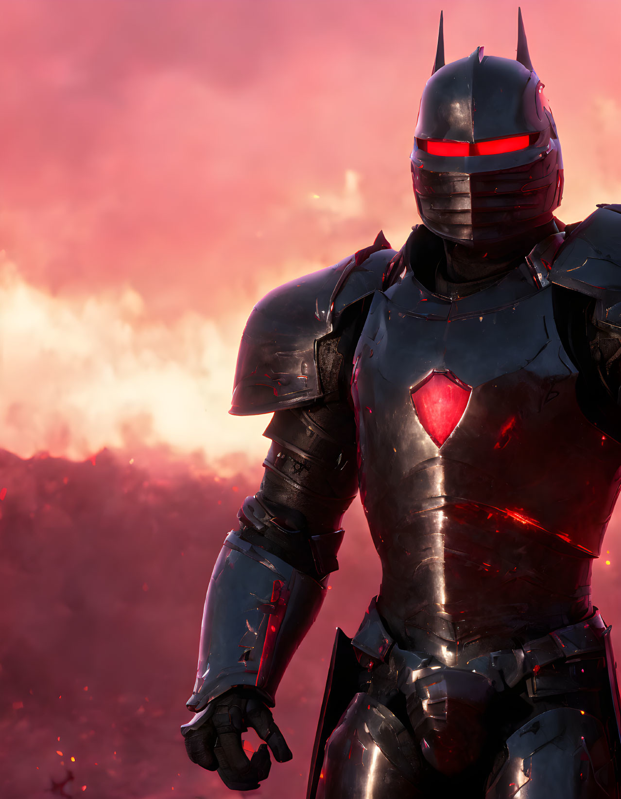 Futuristic knight in armor under pink sky with glowing red visor