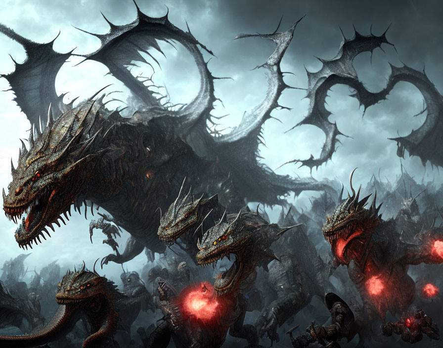 Menacing dragons with glowing red eyes in stormy setting