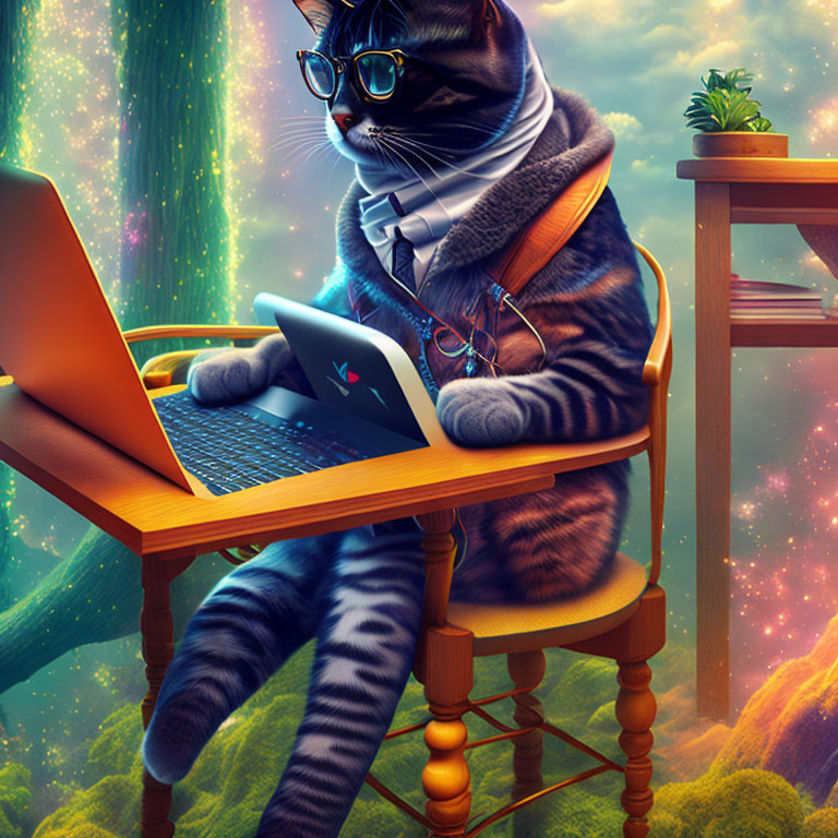 Colorful Cat in Glasses and Scarf at Desk in Cosmic Fantasy Scene