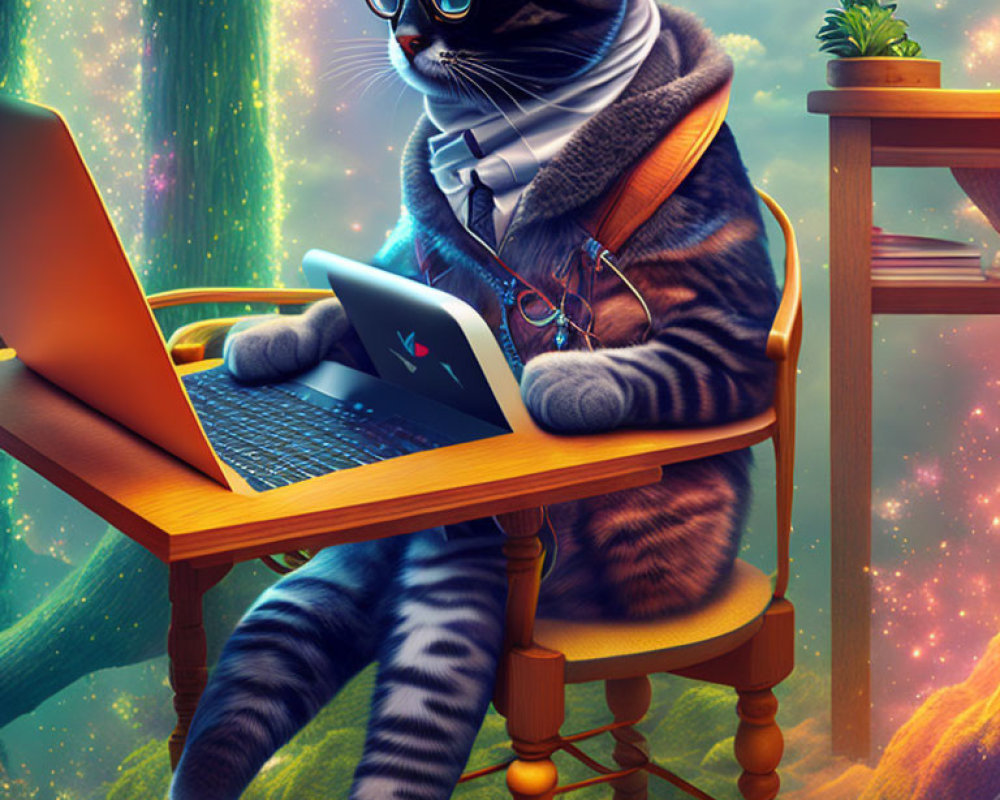 Colorful Cat in Glasses and Scarf at Desk in Cosmic Fantasy Scene