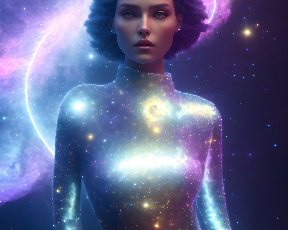 Cosmic-themed digital portrait of a woman with galaxy motif and glowing halo