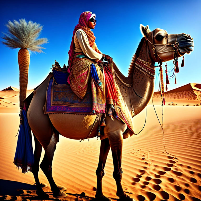 Person in traditional attire riding decorated camel through sunlit sand dunes