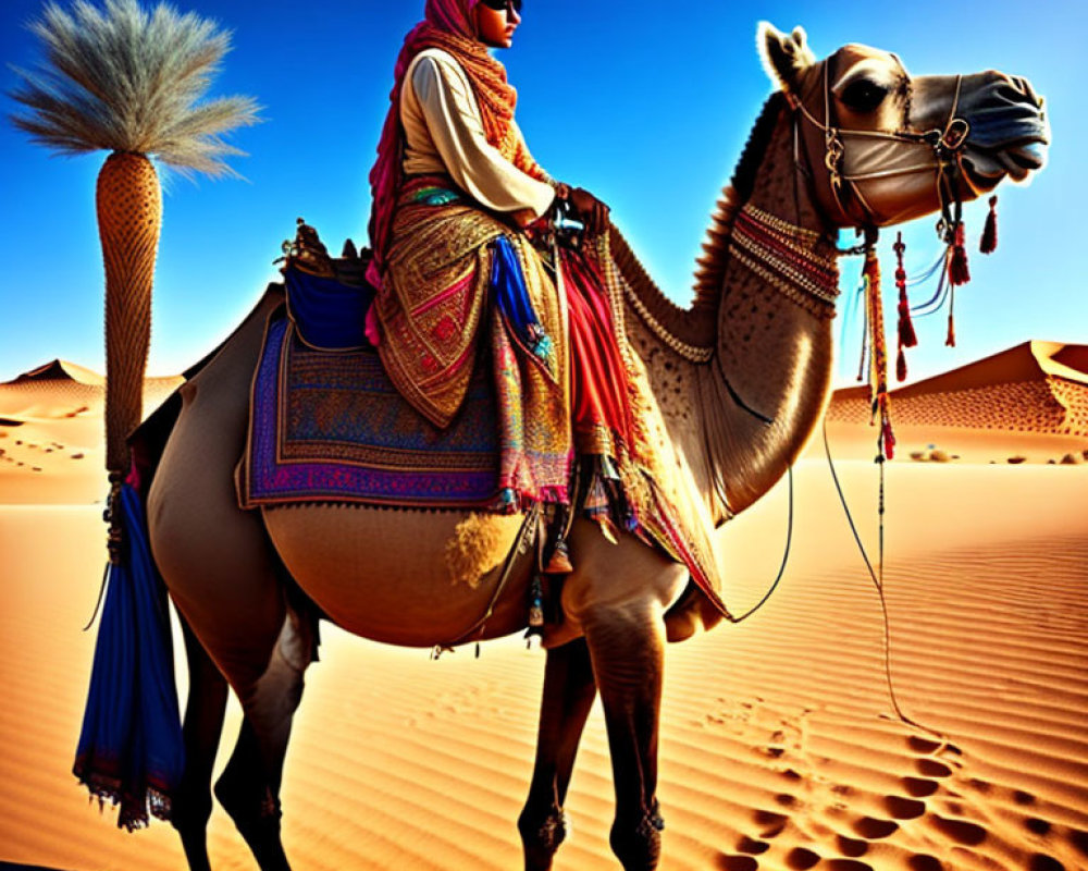 Person in traditional attire riding decorated camel through sunlit sand dunes