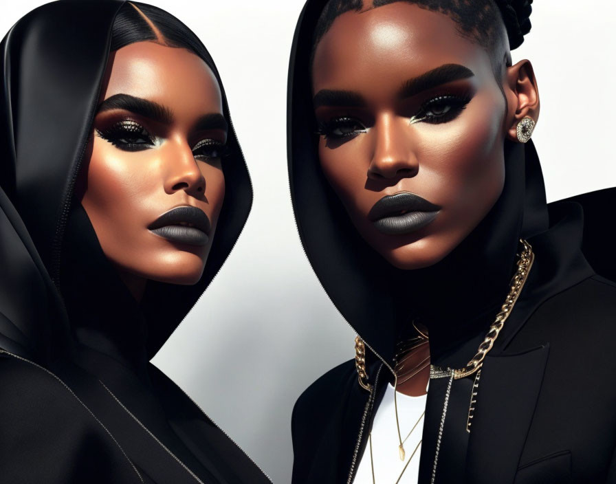 Two individuals in striking makeup and dark lipstick, wearing hooded attire with a confident pose.