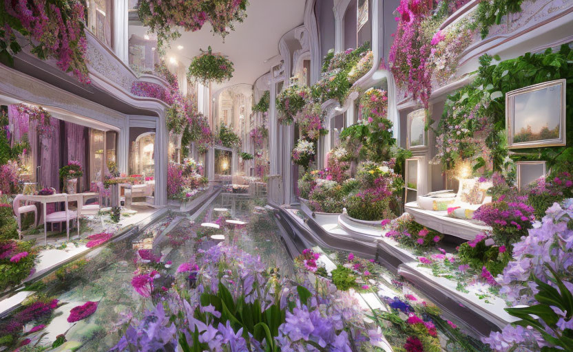 Luxurious Indoor Atrium with Purple and Pink Flowers