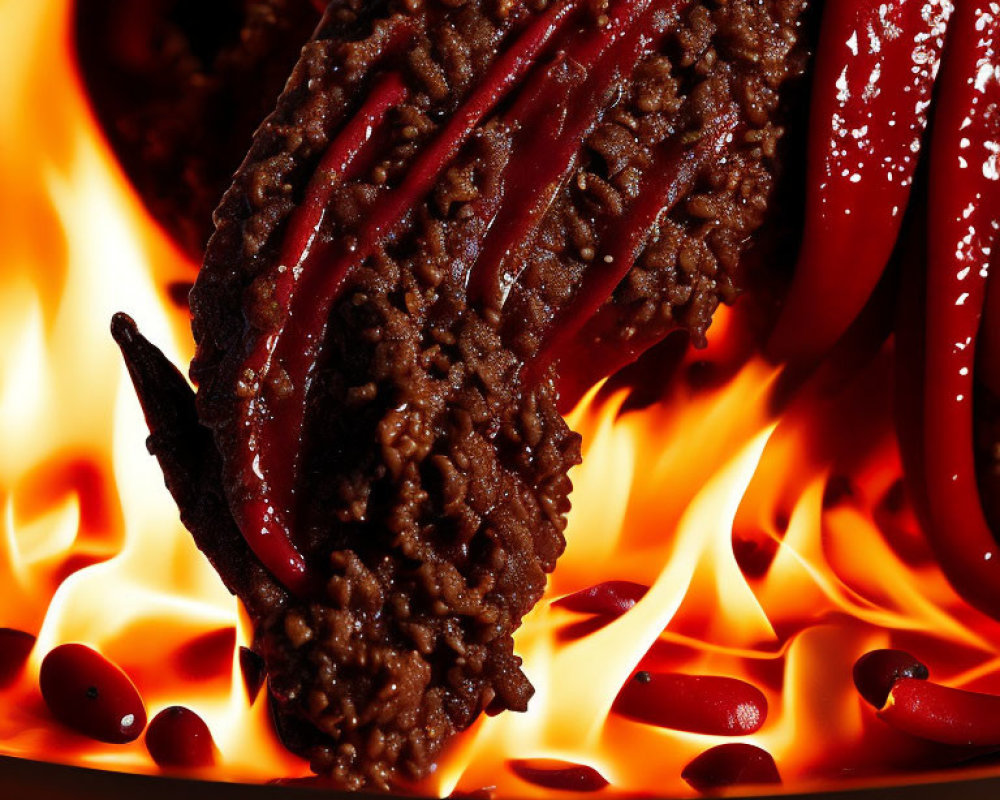 Close-Up of Fiery Grilled Steak with Glazing Sauce on Intense Flame