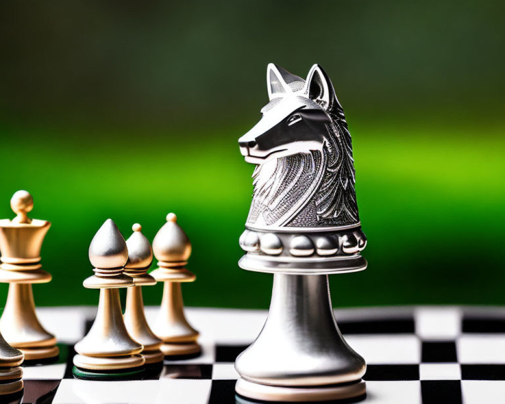Silver Knight Chess Piece Close-Up on Board with Other Pieces and Green Background