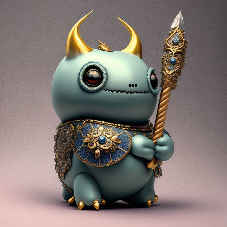 Chubby horned monster with single eye holding scepter