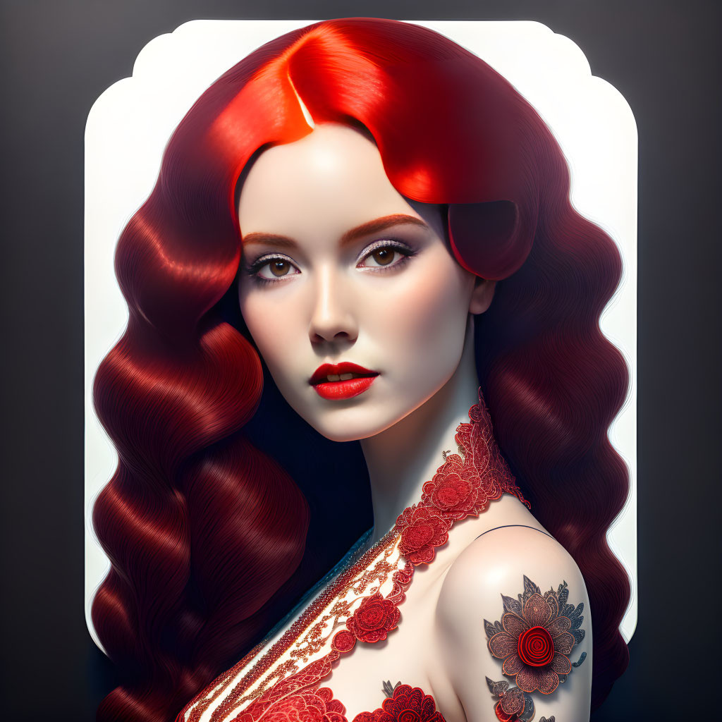 Vibrant red-haired woman with pale skin and floral tattoo: classic elegance