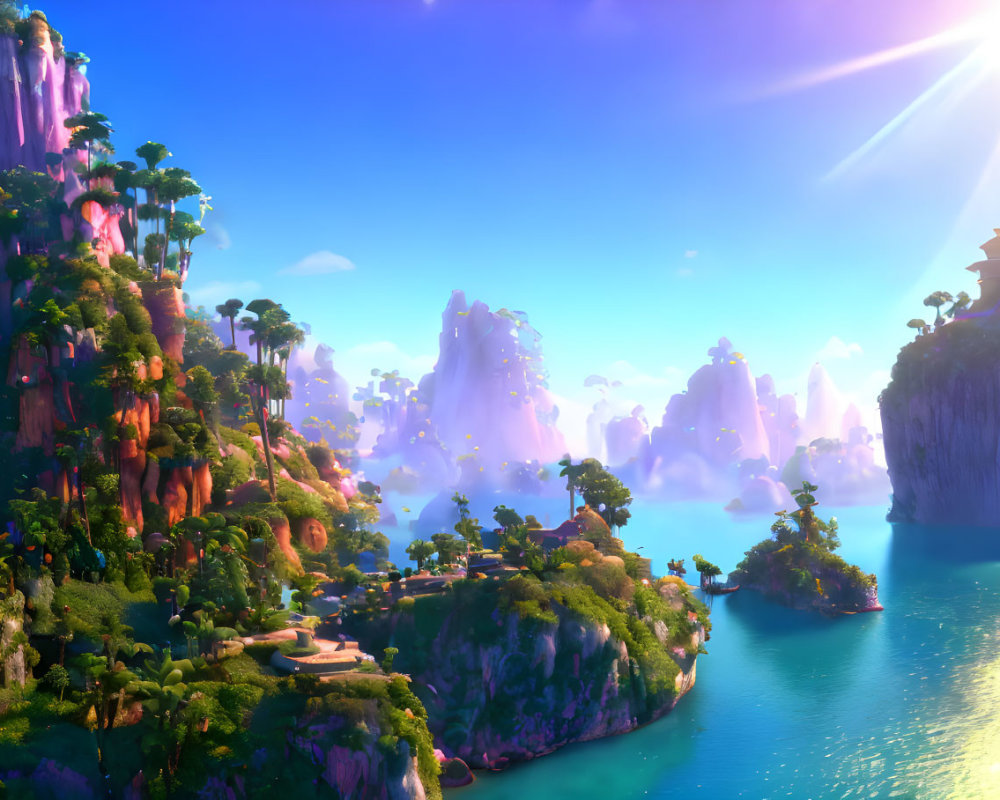 Fantastical landscape with floating islands and waterfalls