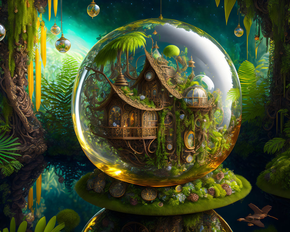Fantasy landscape with crystal ball, treehouse, lanterns, and floating islands