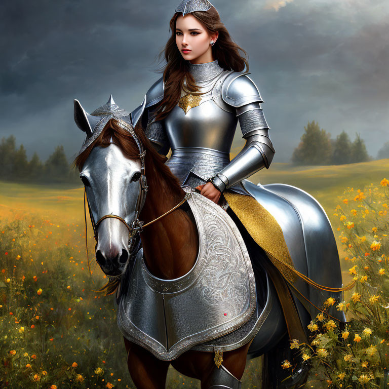 Woman in shining armor on horse in field of yellow flowers under stormy sky