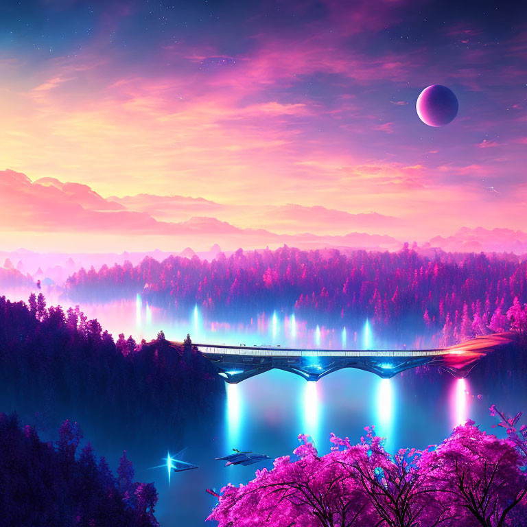 Digital art: Luminescent bridge over misty pink forest with purple sky