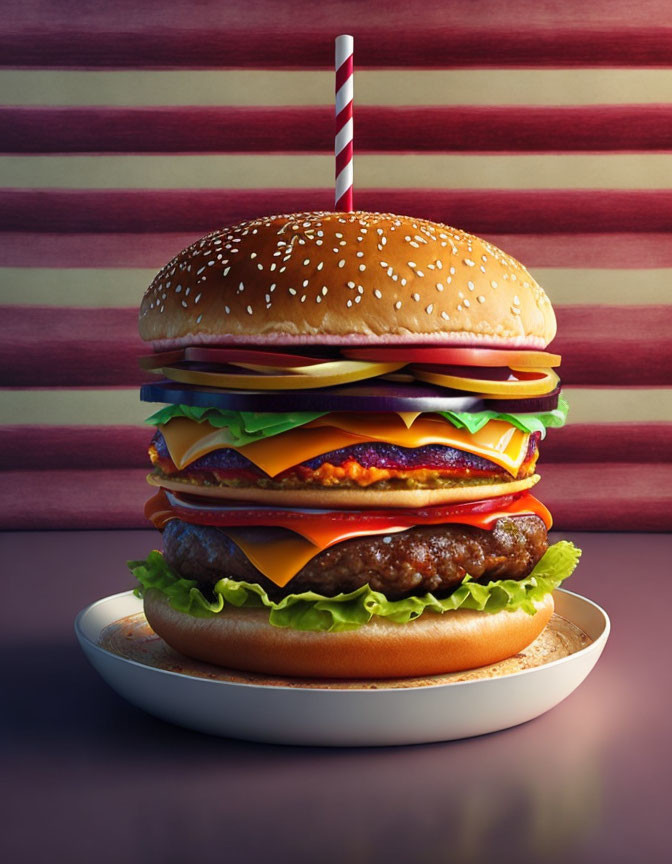 Giant cheeseburger with layers of cheese, lettuce, and patties on plate with striped straw