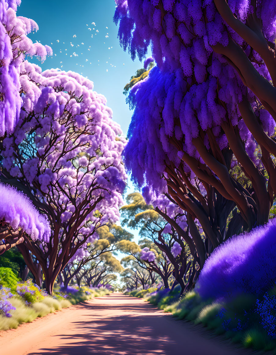 Lush Purple Trees Along Vibrant Pathway