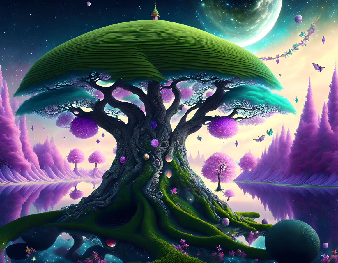 Fantasy landscape with whimsical tree, glowing orbs, purple foliage, distant planets, starry sky