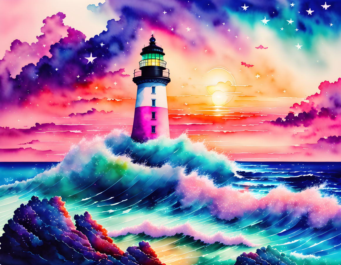 Vibrant colorful illustration of lighthouse on cliffs with crashing waves, sunset sky