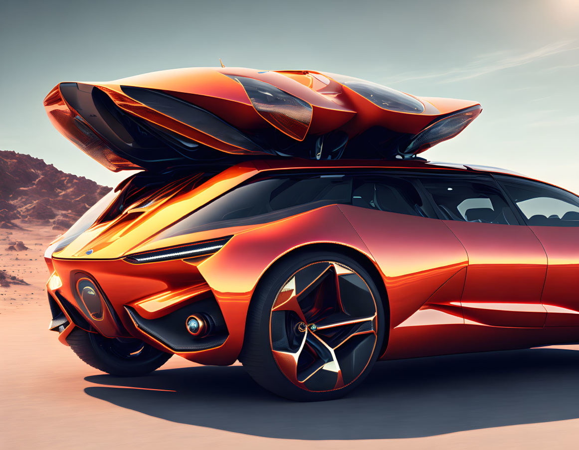 Sleek futuristic orange car with gull-wing doors on desert road